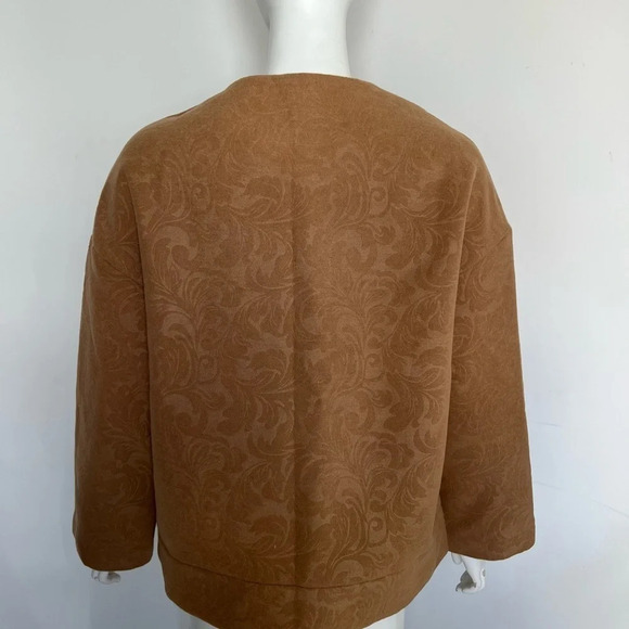 Suite Blanco Paisley Camel Tan Pea Coat Jacket Size L Large Pockets Round Neck - Picture 4 of 10